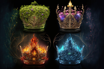 Beautiful crowns of the four elements, fire, water, earth, air, Generative AI