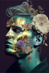 Artistic portrait of handsome young man with flower decorations and golden face paint, generative AI