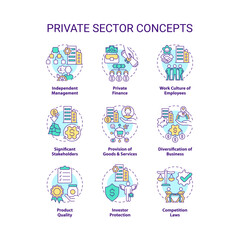 Private sector concept icons set. Business and property ownership. Economics industry idea thin line color illustrations. Isolated symbols. Editable stroke. Roboto-Medium, Myriad Pro-Bold fonts used