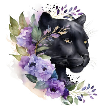 Watercolor Black Panther With Purple Flowers Illustration. AI Generative.