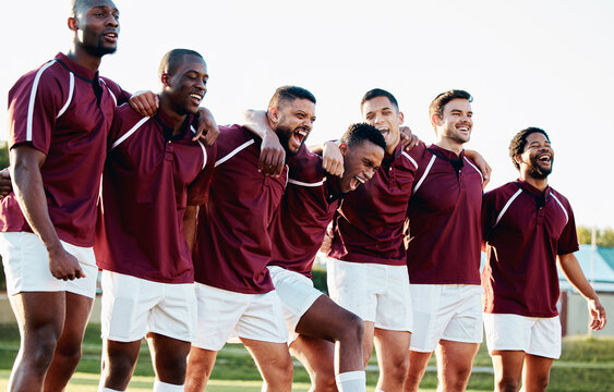 Rugby, funny or crazy team with motivation, solidarity or support ready for a match or sports training. Happy men, fitness or group of healthy male athletes joke before a game on a grass stadium - Powered by Adobe