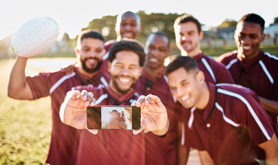 Portrait, phone and selfie of rugby team on field after exercise, workout or training. Teamwork, sports and group of friends, men or players take pictures for happy memory or social media with mobile