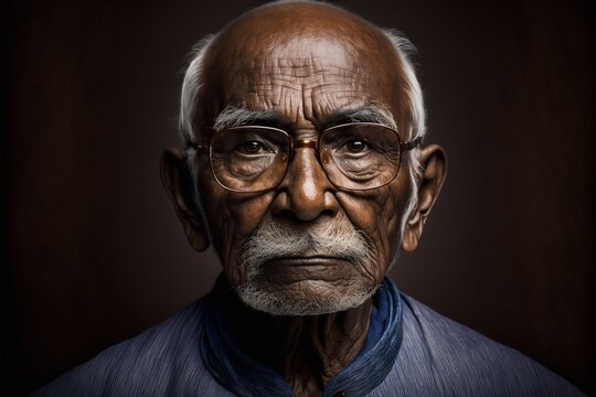 Artistic portrait of senior Indian man wearing glasses looking at camera against dark background, generative AI
