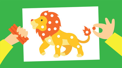 Vector illustration of a cartoon lion in flat style on green background.