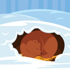 Cute bear sleeping in the hole in the snow. Vector illustration.