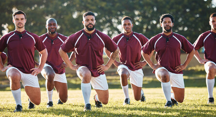 Rugby, racial activism or team take a knee in solidarity or support for a match, game or sports match. Men, fitness or group of male athletes in unity against inequality or global racism on grass