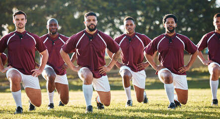 Rugby, racial activism or team take a knee in solidarity or support for a match, game or sports...