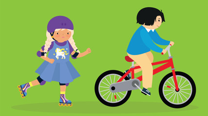 Children on roller skates. Vector illustration in flat cartoon style.