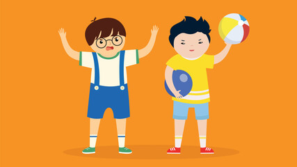 Boy and girl playing volleyball. Vector illustration in flat cartoon style.