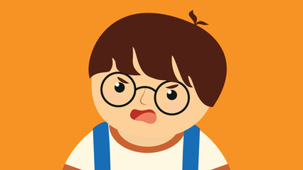 Cute boy with angry facial expression on orange background. Vector illustration.