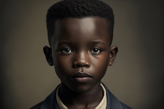 Artistic portrait of young black boy looking at camera against tan studio background, generative AI