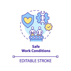 Safe work conditions concept icon. Employees safety. Private sector regulations abstract idea thin line illustration. Isolated outline drawing. Editable stroke. Arial, Myriad Pro-Bold fonts used