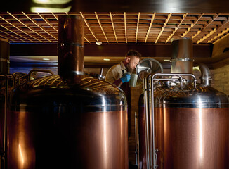Copper boil kettle and distillery tanks in craft beer brewery