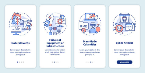 What is disaster onboarding mobile app screen. Failures walkthrough 4 steps editable graphic instructions with linear concepts. UI, UX, GUI template. Myriad Pro-Bold, Regular fonts used