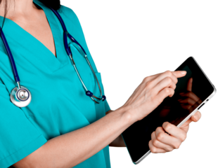 Female doctor using digital tablet isolated on white background