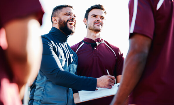 Coaching, rugby or happy man writing with a strategy, planning or training progress with a game formation. Leadership, mission or funny guy with sports men or athlete group for fitness or team goals