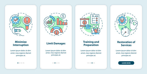 Disaster recovery plan benefits onboarding mobile app screen. Walkthrough 4 steps editable graphic instructions with linear concepts. UI, UX, GUI template. Myriad Pro-Bold, Regular fonts used