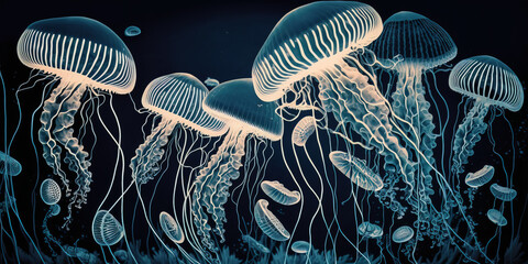 Jellyfish in the water. Underwater scene illustration background. (Generative AI)