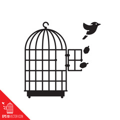Bird escaping from birdcage vector icon