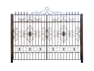 Iron gate with wrought-iron decor.
