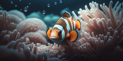Coral reef with clownfish fish, generative ai
