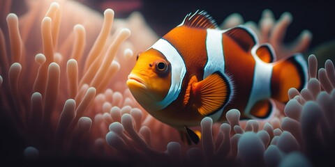 Naklejka na ściany i meble Coral reef with clownfish fish, generative ai