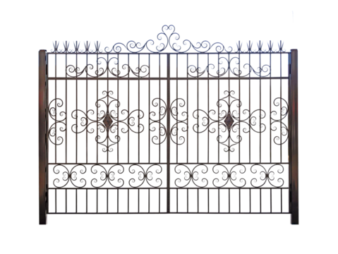 Iron gate with wrought-iron decor.