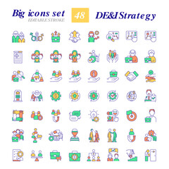 DEI strategy in workplace RGB color icons set. Encourage underrated groups to join company. Inclusive program. Isolated vector illustrations. Simple filled line drawings collection. Editable stroke