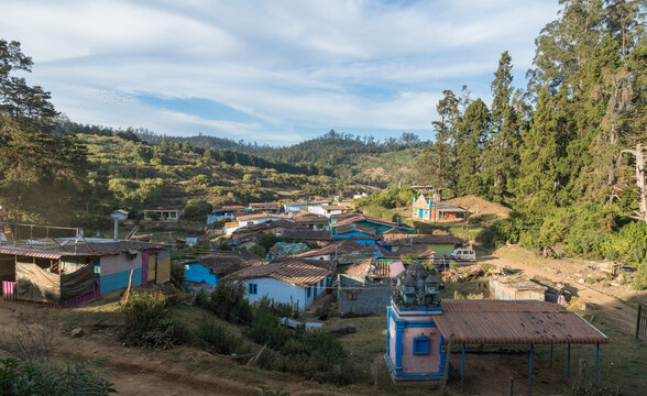 Village in a hill at Nilgiri forest Ooty. Landscape of Ooty Tamil nadu India
