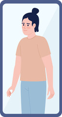 Fototapeta premium Young man on mobile phone screen flat concept vector spot illustration. Editable 2D cartoon character on white for web design. Dating application user creative idea for website, mobile, magazine