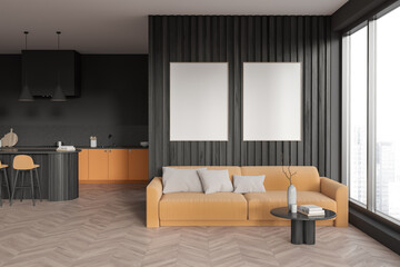 Kitchen interior with couch and bar seats, panoramic window. Mockup frames