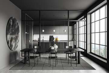 Grey kitchen interior with dining and cooking area, bar island and window