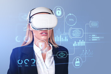 Businesswoman in vr glasses, cybersecurity chart with statistics