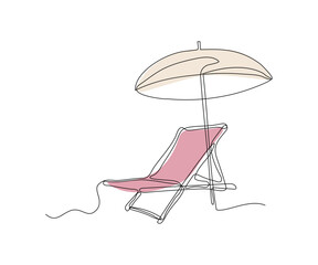 chaise longue with umbrella hand-drawn, continuous monoline, drawing in one line