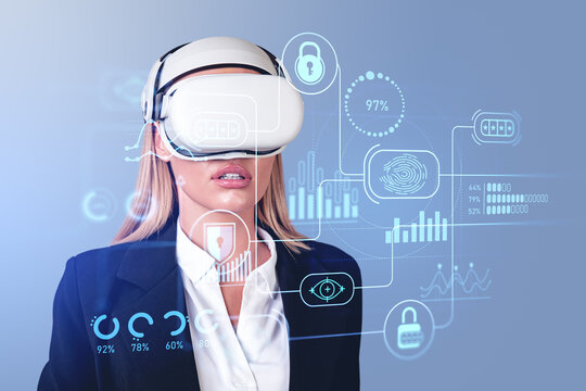 Businesswoman in vr glasses, cybersecurity chart with statistics
