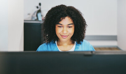 Healthcare, computer and doctor reading research, results and schedule information. Medicine, communication and African nursing student learning about medical cardiology on the internet with a pc