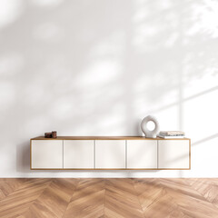 Bright gallery room interior with empty white wall with sideboard
