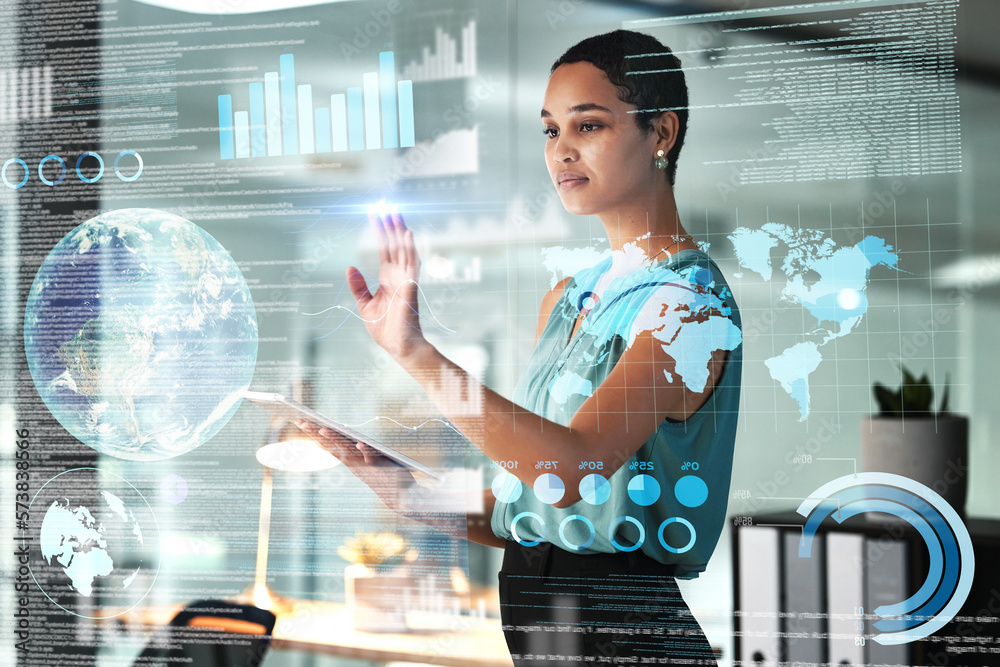 Poster World, tablet and overlay with a business black woman using an ai or ux interface to access the metaverse of data. Digital, future and information with a global network working on a 3d hologram
