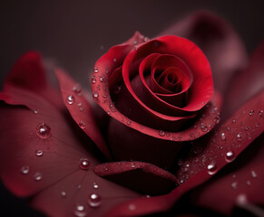 Red Rose flower with drops with big Copy space. Generative AI.