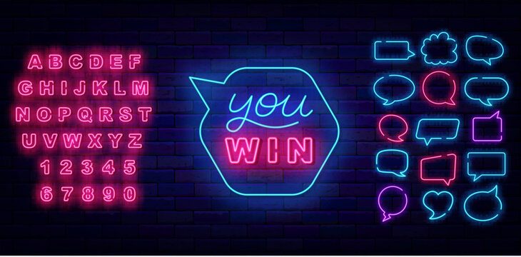 You win neon sign in think cloud frame. Winnig and casino concept. Congrats design. Vector stock illustration