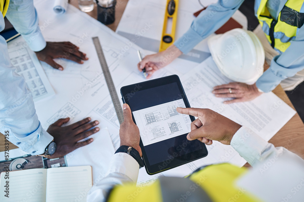 Poster architect, hands and tablet in construction above for team planning, strategy or floor plan for proj