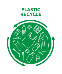 Plastic recycle logo. Plastic objects in circular shape.