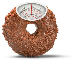Weight scale on sweet tasty chocolate donut. Concept diet