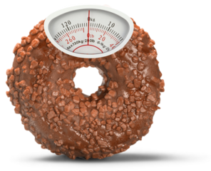 Weight scale on sweet tasty chocolate donut. Concept diet