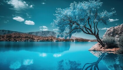  a lone tree is reflected in the still water of a lake.  generative ai