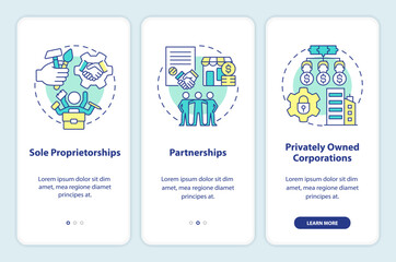 Private small and medium size businesses onboarding mobile app screen. Walkthrough 3 steps editable graphic instructions with linear concepts. UI, UX, GUI template. Myriad Pro-Bold, Regular fonts used