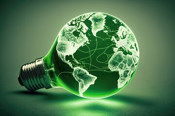 Green world map on the light bulb. Generative AI