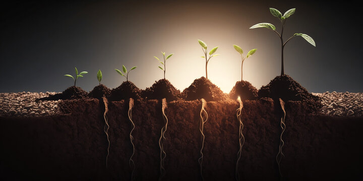 Seedling are growing from the rich soil with busines