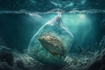 Fish in a cellophane bag in the sea. Generated by AI. Ecological concept and theme of waste recycling.