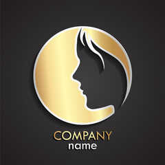 3d woman face negative shape gold silver logo / vector illustration